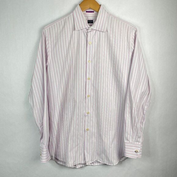 Paul Smith London Mens Button Down Long Sleeve Shirt Pink White Stripe Size 16 - Picture 1 of 4
